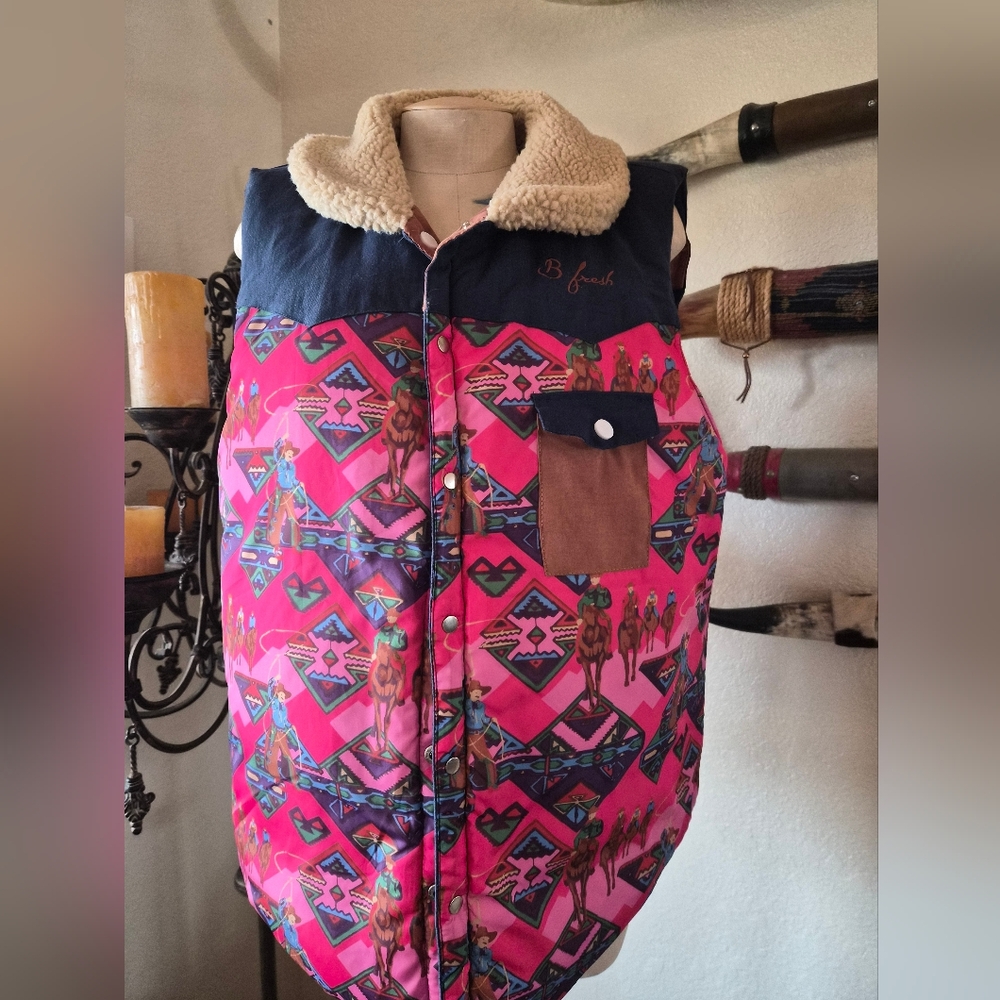 B Fresh Western reversible Colorful Patterned Vest with Sherpa Collar
